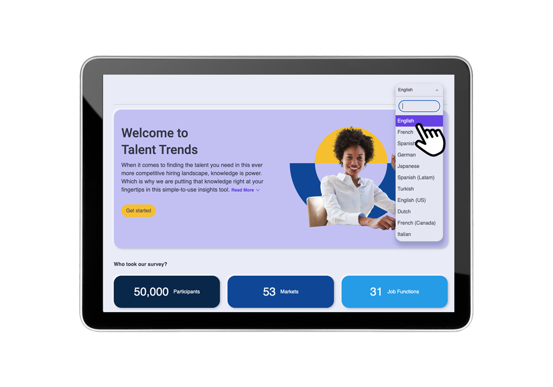 Écran de tablette affichant une page sur les tendances des talents avec un menu de sélection de langue.